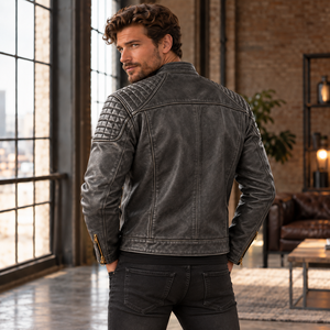 Chaqueta de Cuero Genuino Gris para Hombre, Estilo Motero, con Hombros Acolchados y Cierres Dorados, Chaqueta Moto con Relieve, Prenda Exterior de Moda - Product Image 5