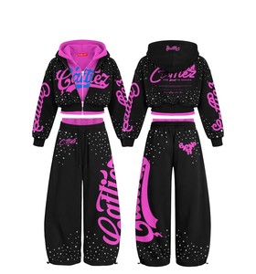 Custom Clothing Manufacturers Distressed Patch Acid Wash <b>Zip</b> <b>up</b> Hoodie and Sweatpants Set Rhinestone <b>Cropped</b> Sweatsuit Set Women - Product Image 1