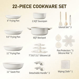 Set di Pentole Antiaderenti da 22 Pezzi, Grande Set da 6 Pentole e 3 Coperchi con Manici Rimovibili, Adatto per Forno e Lavastoviglie, Include Pentola per Zuppa da 28cm, Colore Crema - Product Image 5