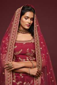 <b>Maroon</b> Organza Embroidered Lehenga Choli With Floral Gold Work Boat Neck Short Sleeve Floor Length A-Line Bridal <b>Dress</b> 7802 - Product Image 2