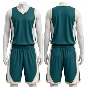 Ensemble de maillot de basket-ball pour homme, couleur turquoise, débardeur sans manches à col en V avec short à taille élastique, vêtements de sport respirants - Product Image 1
