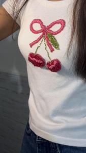 Beaded Pink Bow Applique White Crew Neck Cotton T-<b>Shirt</b> <b>Women</b> Summer Short Sleeve Crop Top Streetwear Apparel - Product Image 3
