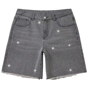 Custom Logo Printed High Waist Denim <b>Shorts</b> Heavyweight 100% Cotton Denim Fabric Rhinestone High Waist Denim <b>Shorts</b> Streetwear - Product Image 1