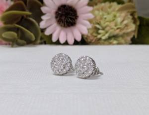 1 Ct Round Cut Lab Grown Diamond Cluster wedding Earrings, Diamond Flower Shaped Screw Back Earrings, Solid 10K White Gold - Product Image 4