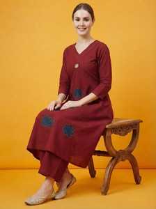 Women's Maroon Cotton Quick Dry A-Line <b>Kurti</b> Pant Suit Set Regular Fit Knee-Length Traditional <b>Indian</b> Wear Casual All Seasons - Product Image 5
