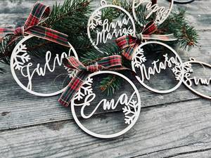 Personalized Wooden Christmas <b>Ornament</b> Laser Cut Circular Name Decor for Holiday <b>Wall</b> Hanging Rustic Style Winter Theme - Product Image 4