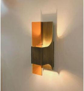 Brass Wall Sconce – Mid-Century Modern Lighting, Orange Plexiglass (2 G9 Sockets) Modern Copper Wall <b>Lamp</b> Amber Metal <b>Shade</b> - Product Image 2