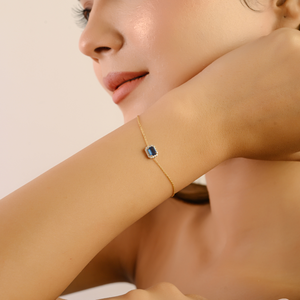 Delicate Most Beautiful Design Prong Set Blue Sapphire & Diamond Minimalist Halo Gemstone Bracelet Gift For Her K14 Yellow <b>Gold</b> - Product Image 4