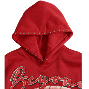 Ensemble survêtement homme personnalisé en molleton épais, avec sweat à capuche et pantalon de survêtement, imprimé graphique rouge 8 Ball Eye Cross, style streetwear Y2K clouté - Product Image 4