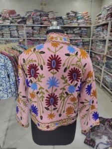 Women's Pink Floral Embroidered Blouson Jacket Mandarin Collar Full Sleeve Hand Embroidery Autumn Style <b>gift</b> for her - Product Image 6