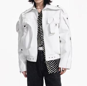 <b>White</b> PU Windproof Motorcycle <b>Jacket</b> <b>Men</b> Regular Sleeve Solid Color Turn-down Collar Zipper Closure Front Logo Winter Wear - Product Image 1