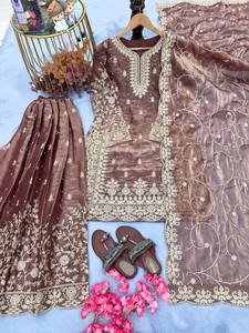 Traje Salwar Sharara Dupatta de viscosa georgette con bordados de aspecto lujoso para bodas indias, listo para usar, fabricante. - Product Image 5