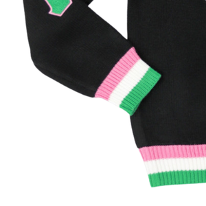 Pull en laine noir à col en V AKA avec bordure rose et verte, pull tricoté pour femmes de la sororité grecque, doux, chaud, élégant, coupe décontractée, idéal pour tous les jours - Product Image 6