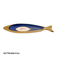 Bandeja Decorativa de Aluminio Hecha a Mano con Forma de Pez, con Bordes de Latón Dorado Esmaltado Estilo Marina Real y Motivos Simbólicos KENWAY SARTAJ