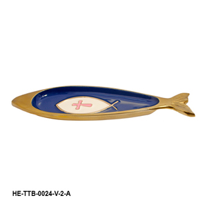 Bandeja para adornos artesanal de aluminio con forma de pez, con esmalte azul marino real, bordes de latón dorado y motivos simbólicos - Product Image 4