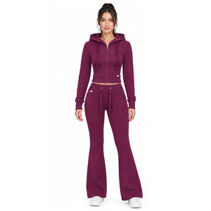 Women's <b>Burgundy</b> Hooded Tracksuit Full Length Zipper Fly Side Pockets Casual Style Solid Color Regular Fit Autumn Wear - Product Image 5