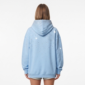 Sweat à capuche en coton pour femme avec strass étincelants, doublure tricotée, coupe oversize, bleu clair, mode hiver, streetwear décontracté, pull - Product Image 6
