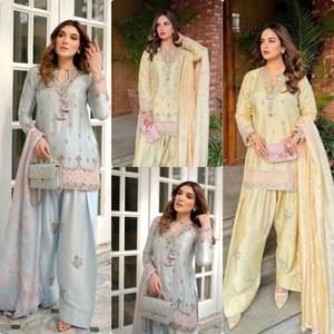 Conjunto de Salwar Kameez Pakistaní para Mujer, Color Azul Claro, Satén de Seda, Secado Rápido, Corte Holgado, Bordado, Largo hasta la Rodilla, para Fiestas, Todas las Temporadas - Product Image 2