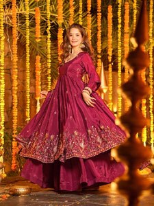 Women's Purple <b>Silk</b> Lehenga Choli Embroidered Floor-Length Traditional Wedding Wear India Pakistan Style Loose Fit All Seasons - Product Image 1
