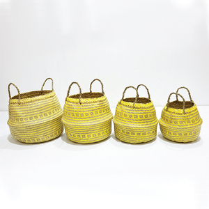 New Design Durable Circle Palm Leaf Belly <b>Basket</b> Yellow Woven Storage Bin <b>Foldable</b> with Handle - Product Image 2