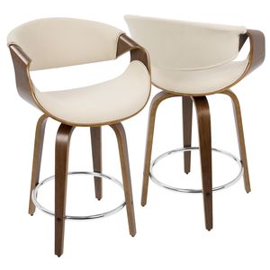 Set di 2 Sgabelli da Bar Curvini in Stile Mid-Century Modern, Legno di Noce e Tessuto Crema - Product Image 2