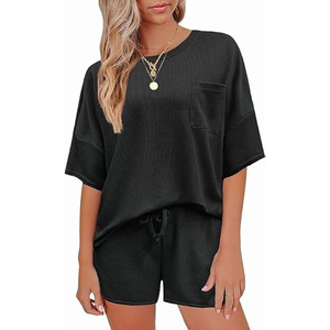 Conjunto de Top y Shorts de Punto Waffle Casual para Mujer, Atuendo de Moda de Verano - Product Image 2