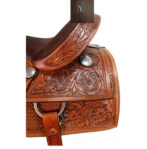 Western Tan Leather Floral And <b>Basket</b> Hand Tooled Barrel Racing Horse Saddle Metal Conchos Brown Suede Seat With Tack Set - Product Image 2