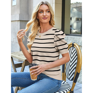 Women's Striped Puff Short Sleeve Viscose Knit Top <b>Crewneck</b> Casual Autumn Breathable <b>Sweater</b> Soft Lightweight Pullover - Product Image 4