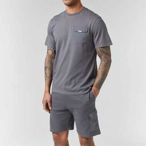 Men's Gray Solid Color Casual Summer Shirt Set With <b>Cargo</b> Shorts And <b>White</b> Sneakers - Product Image 3