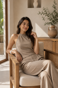Ensemble coordonné décontracté en coton pour femme - Haut dos nu et pantalon large uni à manches longues avec fermeture éclair et poches - Toutes saisons - Vente en gros - Product Image 4