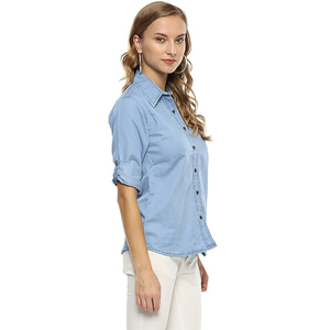 Camisa de Mezclilla con Cuello Alto 100% Algodón Orgánico para Mujer, Corte Ajustado, Manga Corta, Informal, de Verano, para Oficina - Product Image 2