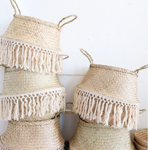 High Quality Trendy <b>Foldable</b> Seagrass Circle Storage <b>Basket</b> Handles New Fashion Modern Bohemian Handmade Eco-Friendly Durable - Product Image 2