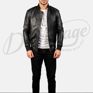 Blouson aviateur en cuir véritable noir de qualité supérieure pour homme - Coupe ajustée, style MA-1 en peau de mouton véritable avec bordure côtelée - Product Image 1