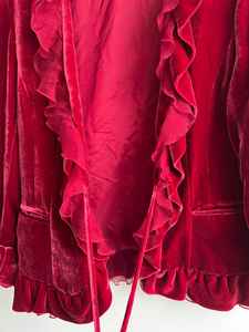 Blazer vintage rouge bordeaux en velours avec franges en soie, à nouer devant, manches longues, doublure, col en V, veste de fête formelle - Product Image 2