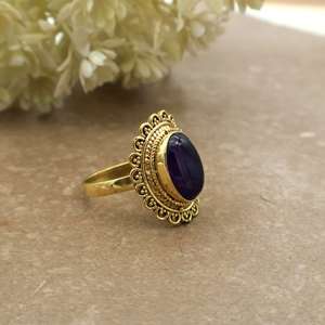 Vintage Amethyst <b>Statement</b> <b>Ring</b> 14K Gold Plated Brass Filigree Scalloped Boho Ethnic Unisex Jewelry - Product Image 2