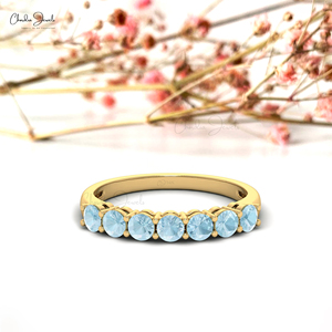 Nouvelle bague demi-éternité en aigue-marine naturelle de 3 mm à coupe ronde, en or jaune fin 14 carats, pour mariage et anniversaire - Product Image 1