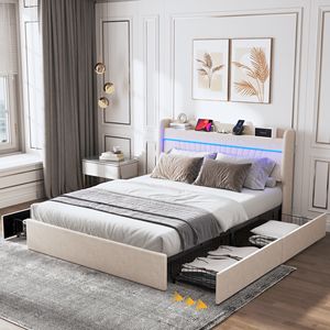 Letto Matrimoniale con Luci LED, Testiera Imbottita in Velluto con Ricarica USB e 4 Cassetti, Letto Imbottito con Piattaforma e Illuminazione LED - Product Image 2