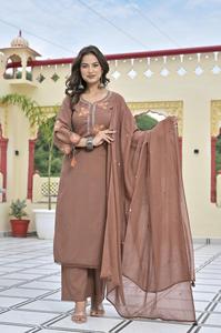 Conjunto de Traje Recto de Algodón Marrón con Bordado en Dupatta, Ropa Étnica Tradicional para Mujer, Estilo Casual de India y Pakistán - Product Image 5