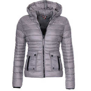 Women's Gray Quilted Puffer <b>Jacket</b> With Hood Zipper Closure Winter Short Coat Full Sleeve Warm Outerwear - Product Image 1