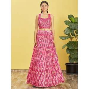Adorable Rosa bordado trabajo Chinon boda Lehenga Choli elegantes vestidos de noche - Product Image 5