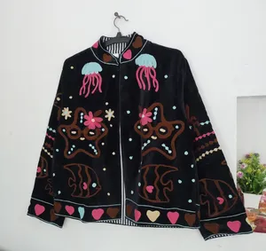 Chaqueta Bohemia de Terciopelo Negro Bordada con Dibujos Animados de Criaturas Marinas, Cuello Alto, Manga Larga, Chaqueta de Primavera para Mujer - Product Image 1