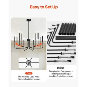 Lustre moderne à 6 lumières de style farmhouse, hauteur réglable, noir, luminaire suspendu pour salle à manger, certifié CE - Product Image 3