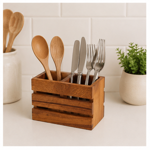 Premium Handcrafted Wood Cutlery Holder 2-Compartment <b>Kitchen</b> Utensil Organizer and Rustic Flatware <b>Caddy</b> For Dining Tableware - Product Image 2