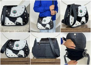 Nouveau sac à main bandoulière en cuir de vachette à poils vintage western, clouté, élégant, turquoise, concho, grande capacité, pour femmes - Product Image 3