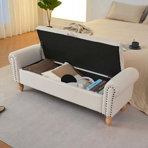 Banc de rangement capitonné avec pieds en bois massif, banc de bout de lit en tissu rembourré - Product Image 2
