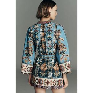 Robe à imprimé floral personnalisée, col en V, élégante, nouvelle arrivée, été, imprimé floral, manches longues, mini robe pour femmes - Product Image 3