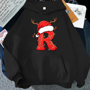 Sweat-shirt à capuche pour homme en coton noir imprimé avec motif de Noël (lettre P, chapeau de Père Noël et bois de renne) – Collection Hiver Décontractée - Product Image 5