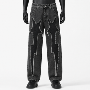 Jeans amples pour hommes, écologiques, respirants, noirs délavés, taille mi-haute, avec surpiqûres contrastées, style streetwear, vente en gros - Product Image 1