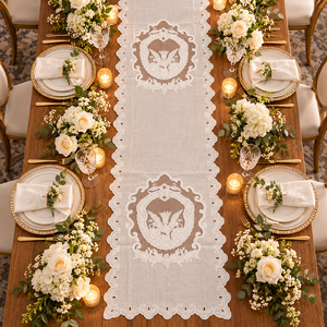 Camino de Mesa de Lino Bordado con Cresta Floral Vintage, Camino de Mesa de Encaje Calado de Lujo con Borde Festoneado, Decoración para Bodas y Festividades - Product Image 3
