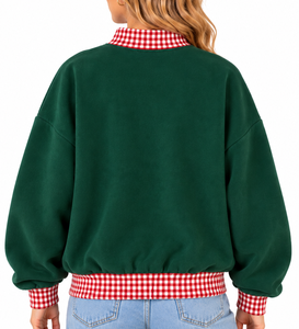 Sudadera de punto verde para mujer con cuello y puños de guinga roja, estampado de letras festivas, jersey de cuello alto, tops de invierno - Product Image 3